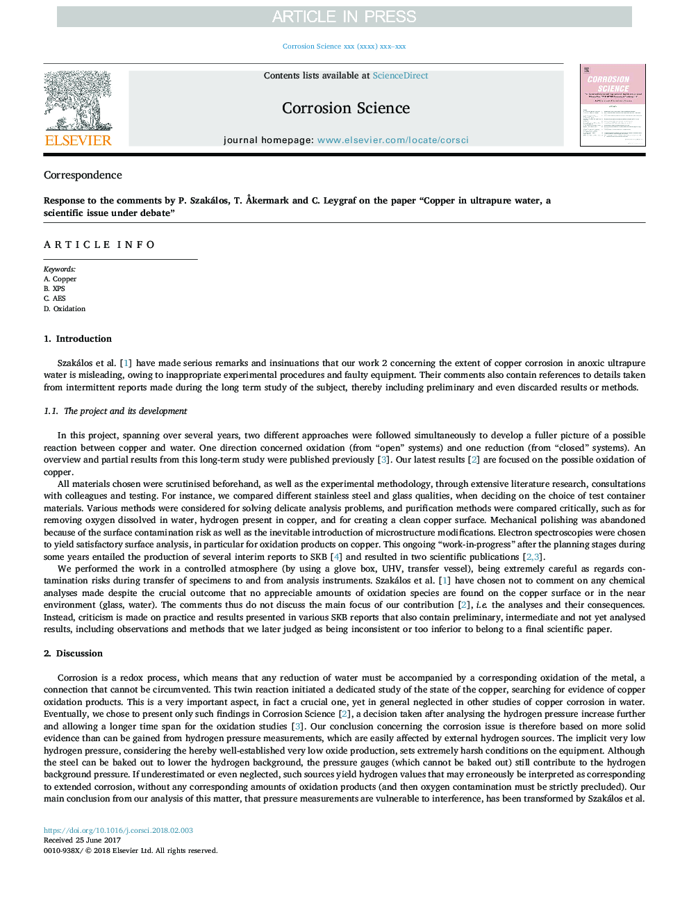 Response to the comments by P. Szakálos, T. Ãkermark and C. Leygraf on the paper “Copper in ultrapure water, a scientific issue under debate”