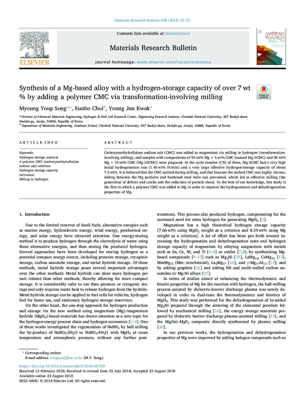 Synthesis of a Mg-based alloy with a hydrogen-storage capacity of over 7âwt% by adding a polymer CMC via transformation-involving milling