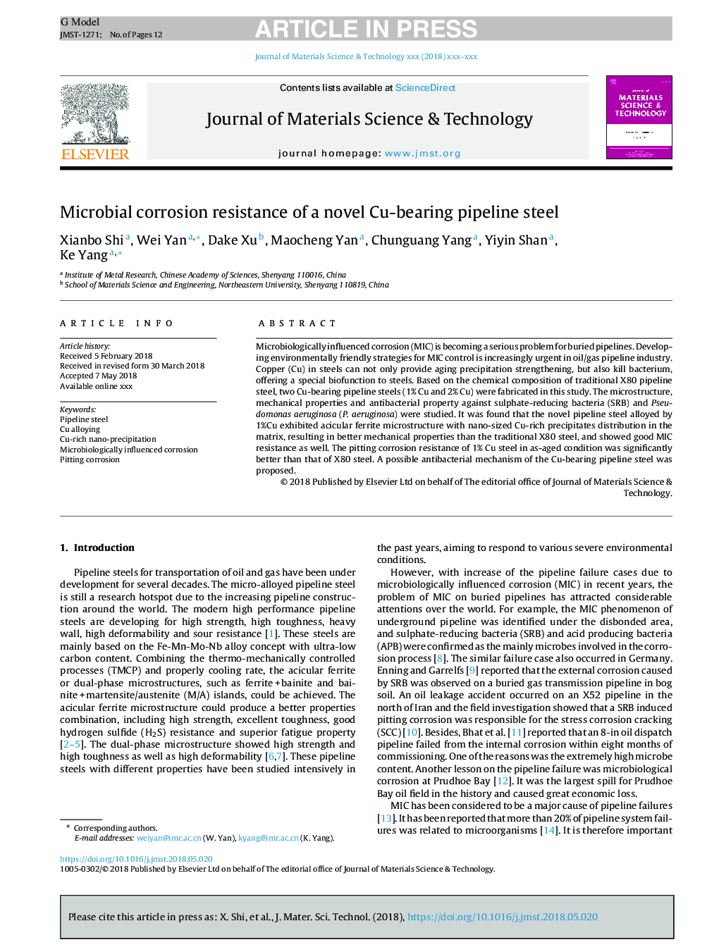 Microbial corrosion resistance of a novel Cu-bearing pipeline steel