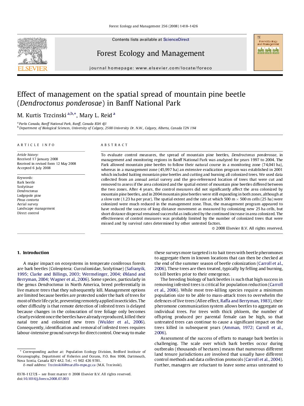 Effect of management on the spatial spread of mountain pine beetle (Dendroctonus ponderosae) in Banff National Park