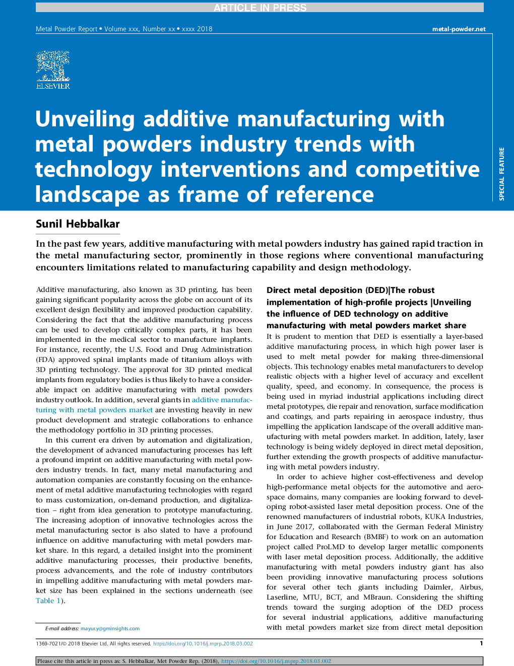 Unveiling additive manufacturing with metal powders industry trends with technology interventions and competitive landscape as frame of reference