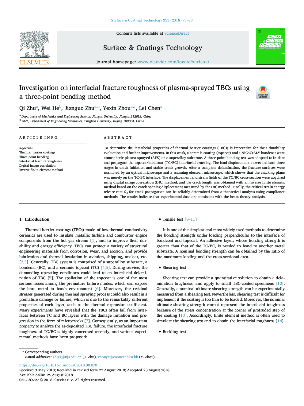 Investigation on interfacial fracture toughness of plasma-sprayed TBCs using a three-point bending method