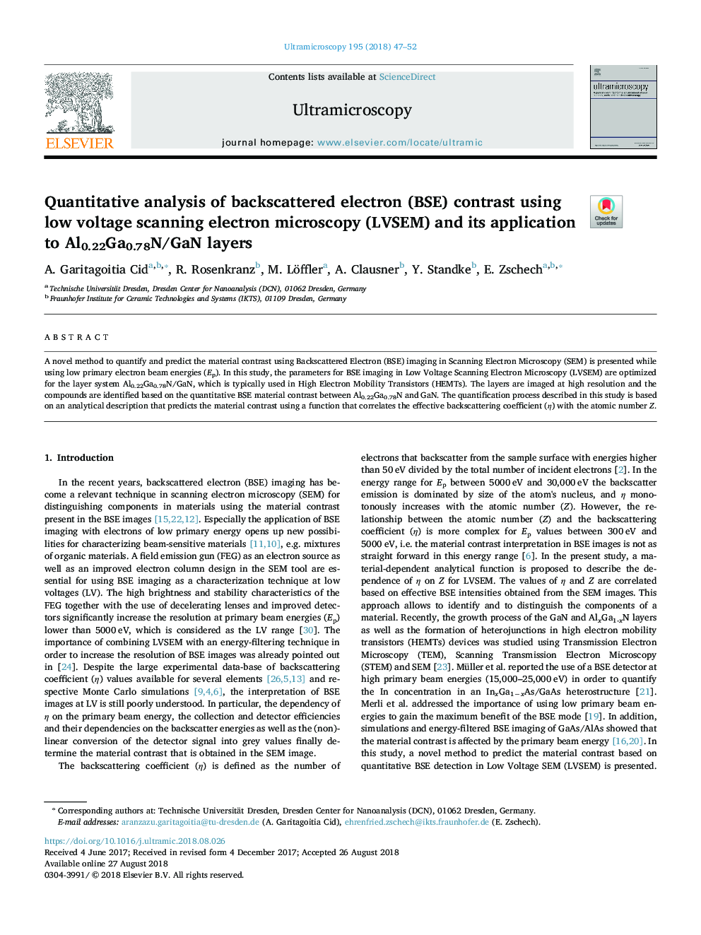 Quantitative analysis of backscattered electron (BSE) contrast using low voltage scanning electron microscopy (LVSEM) and its application to Al0.22Ga0.78N/GaN layers