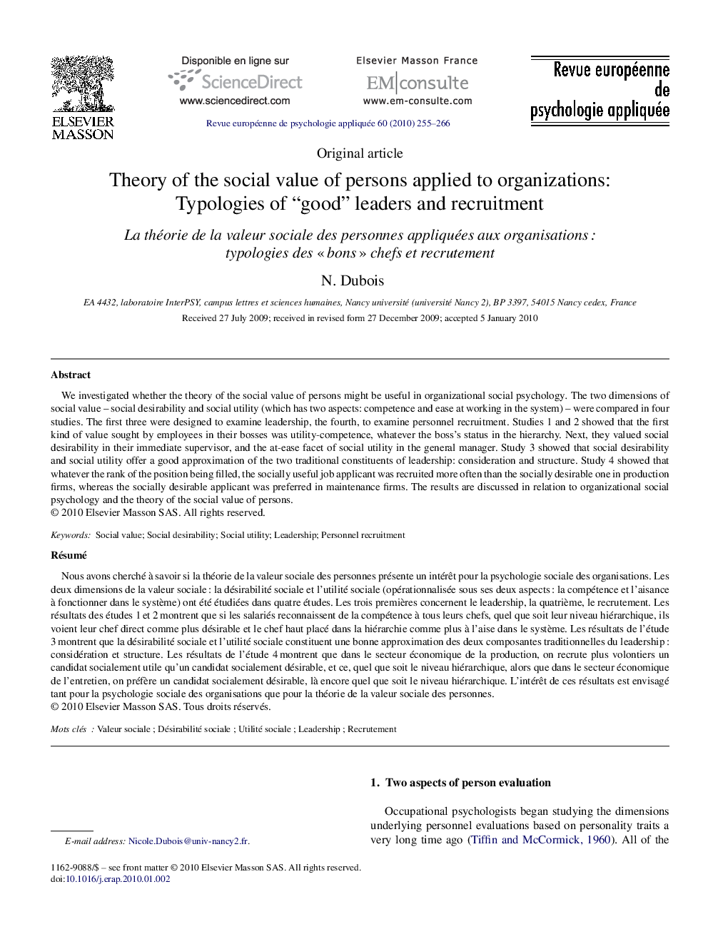 Theory of the social value of persons applied to organizations: Typologies of “good” leaders and recruitment