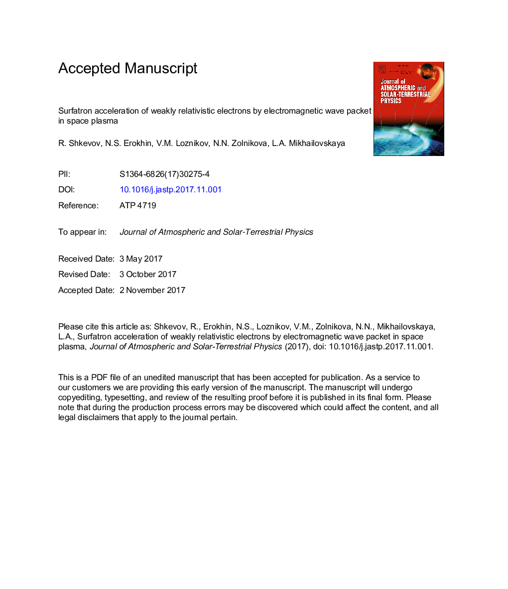 Surfatron acceleration of weakly relativistic electrons by electromagnetic wave packet in space plasma