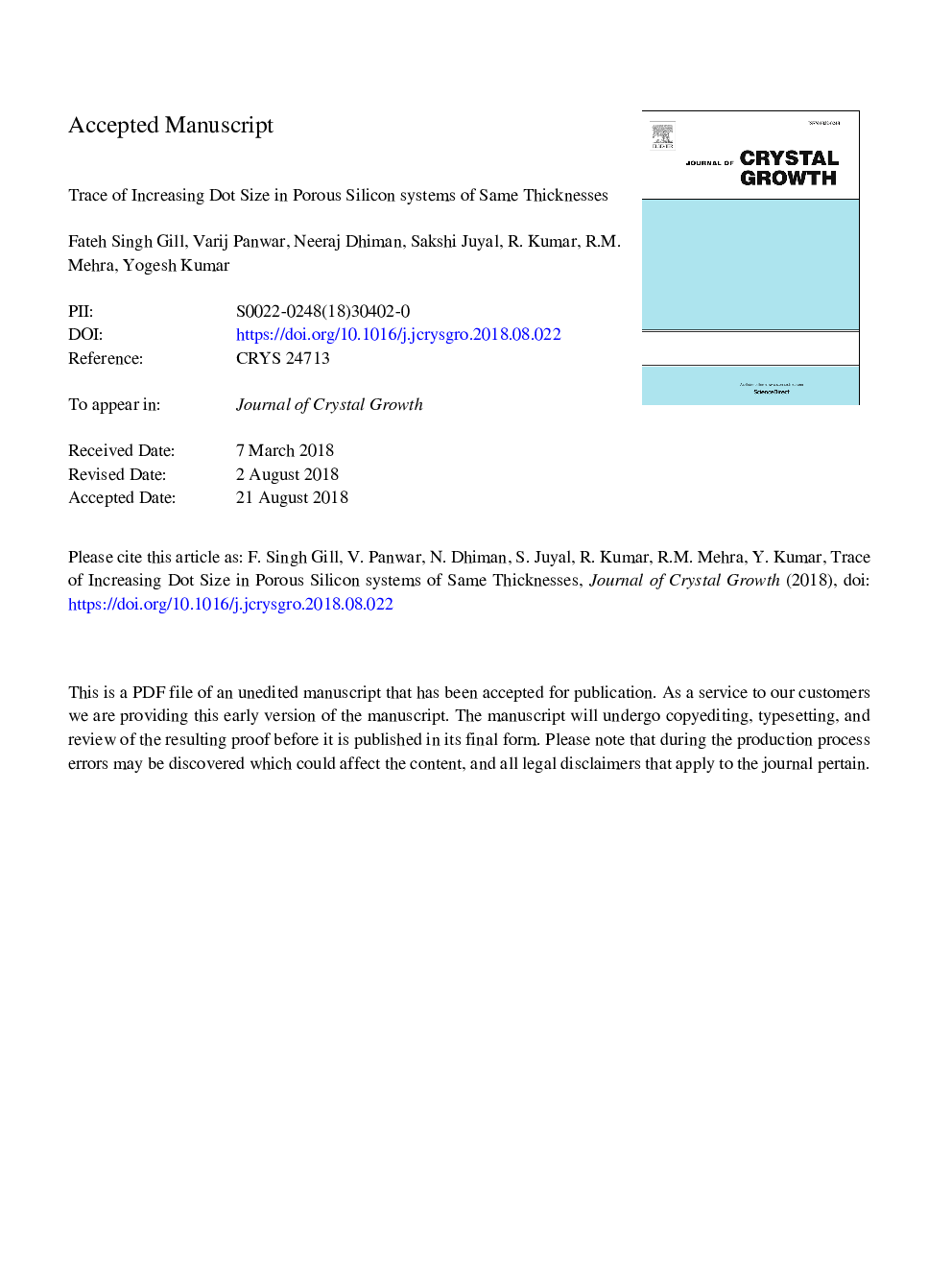 Trace of increasing dot size in porous silicon systems of same thicknesses