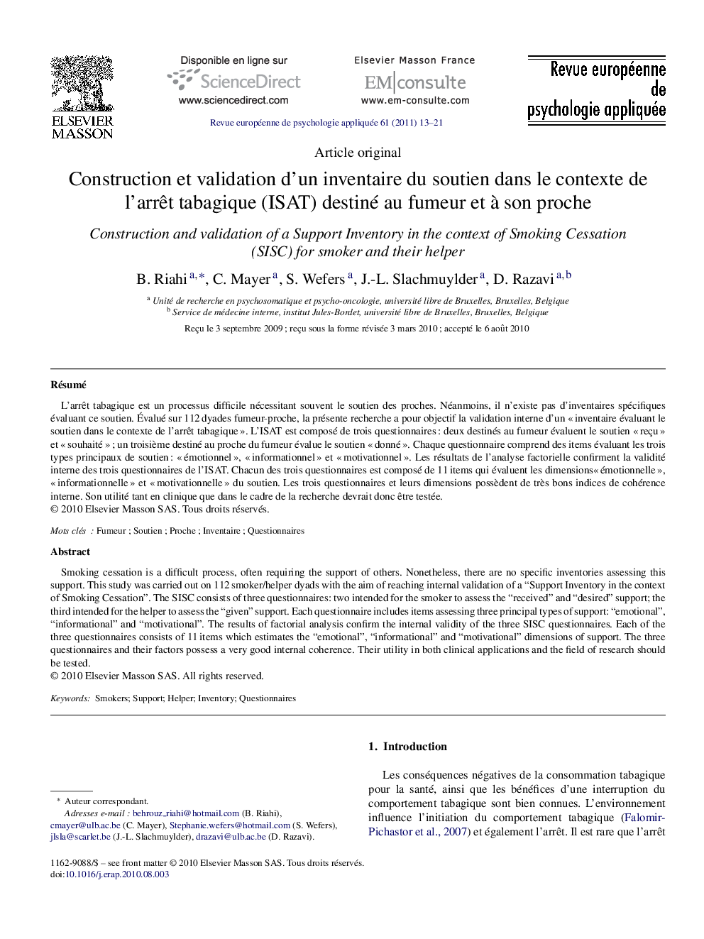 Construction et validation d’un inventaire du soutien dans le contexte de l’arrêt tabagique (ISAT) destiné au fumeur et à son proche