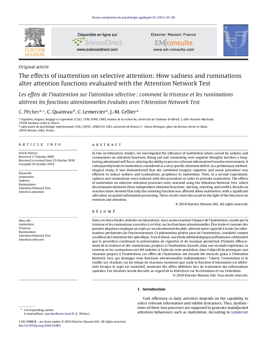 The effects of inattention on selective attention: How sadness and ruminations alter attention functions evaluated with the Attention Network Test