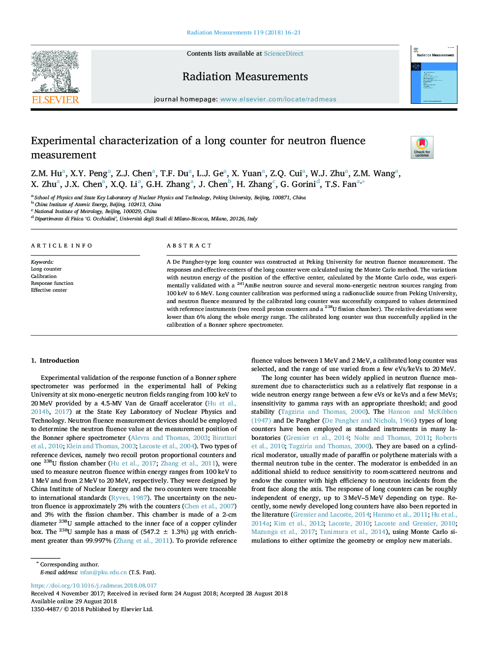 Experimental characterization of a long counter for neutron fluence measurement