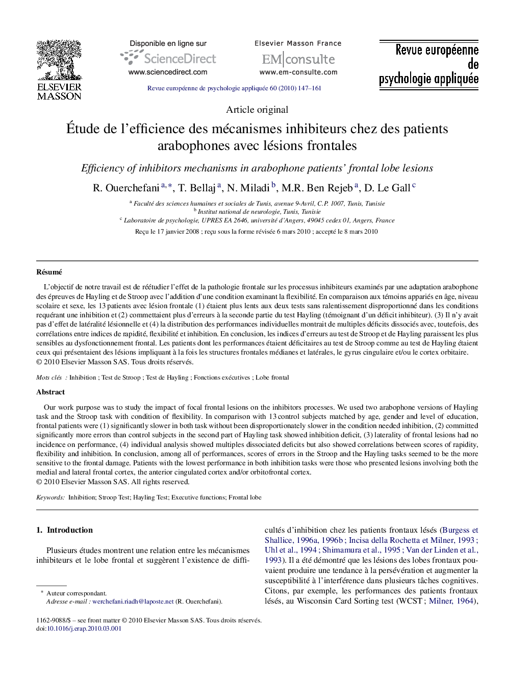 Étude de l’efficience des mécanismes inhibiteurs chez des patients arabophones avec lésions frontales