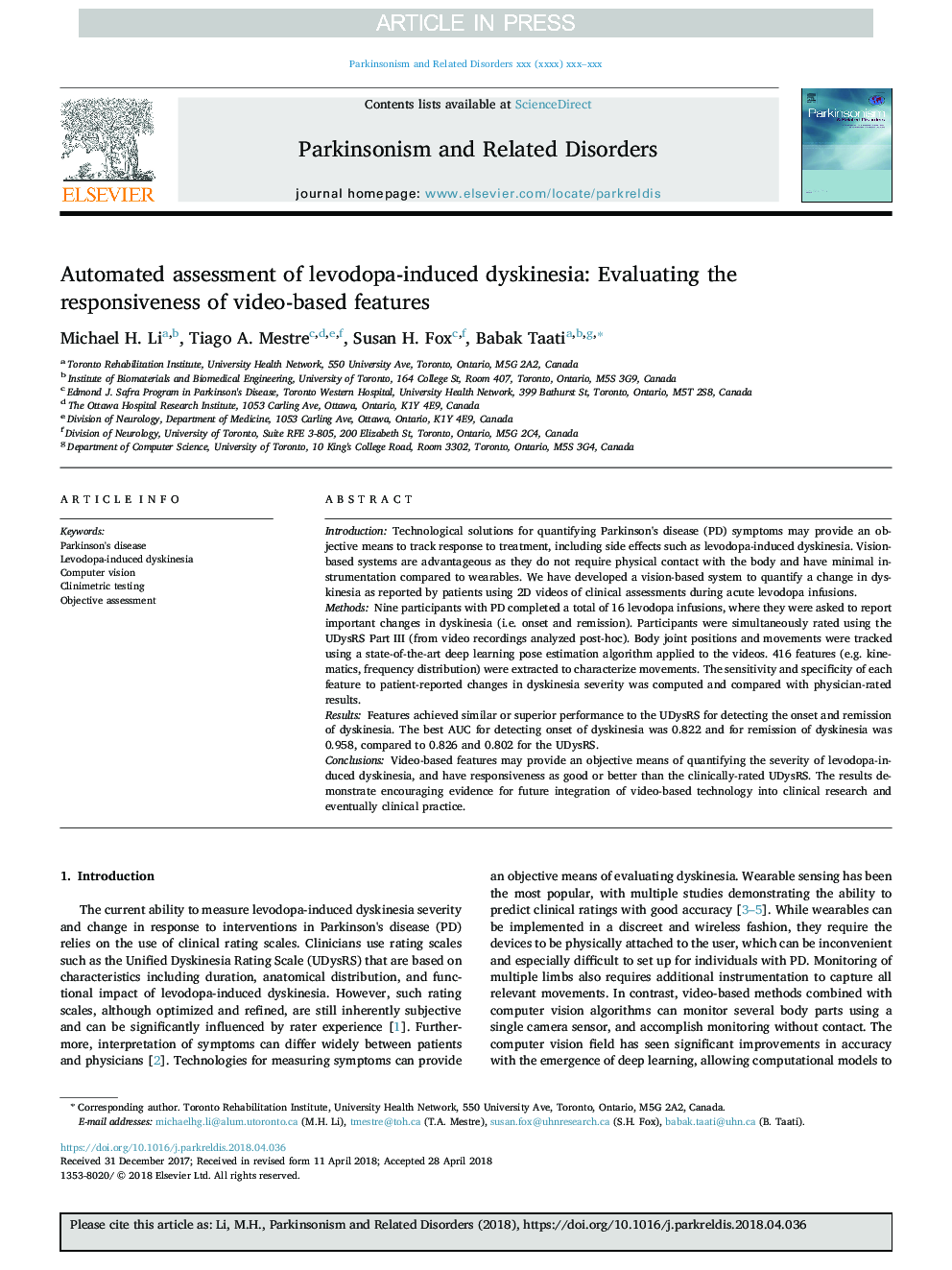 Automated assessment of levodopa-induced dyskinesia: Evaluating the responsiveness of video-based features