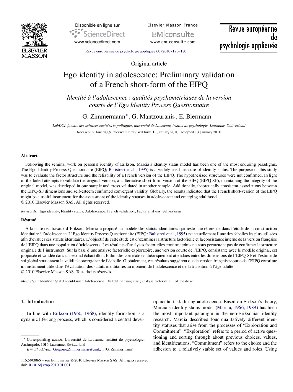 Ego identity in adolescence: Preliminary validation of a French short-form of the EIPQ