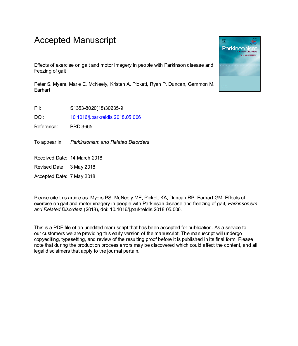 Effects of exercise on gait and motor imagery in people with Parkinson disease and freezing of gait