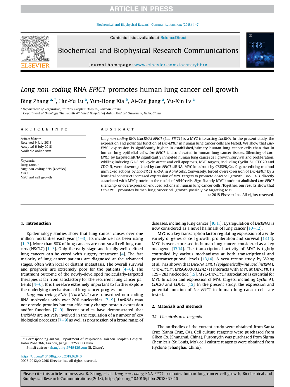 عکس صفحه اول مقاله: Long non-coding RNA EPIC1 promotes human lung cancer cell growth Long non-coding RNA EPIC1 promotes human lung cancer cell growth