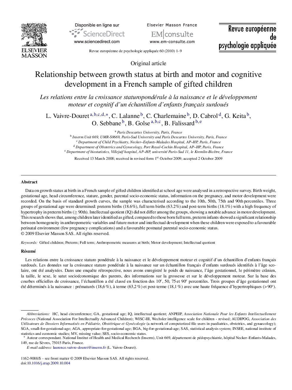 Relationship between growth status at birth and motor and cognitive development in a French sample of gifted children