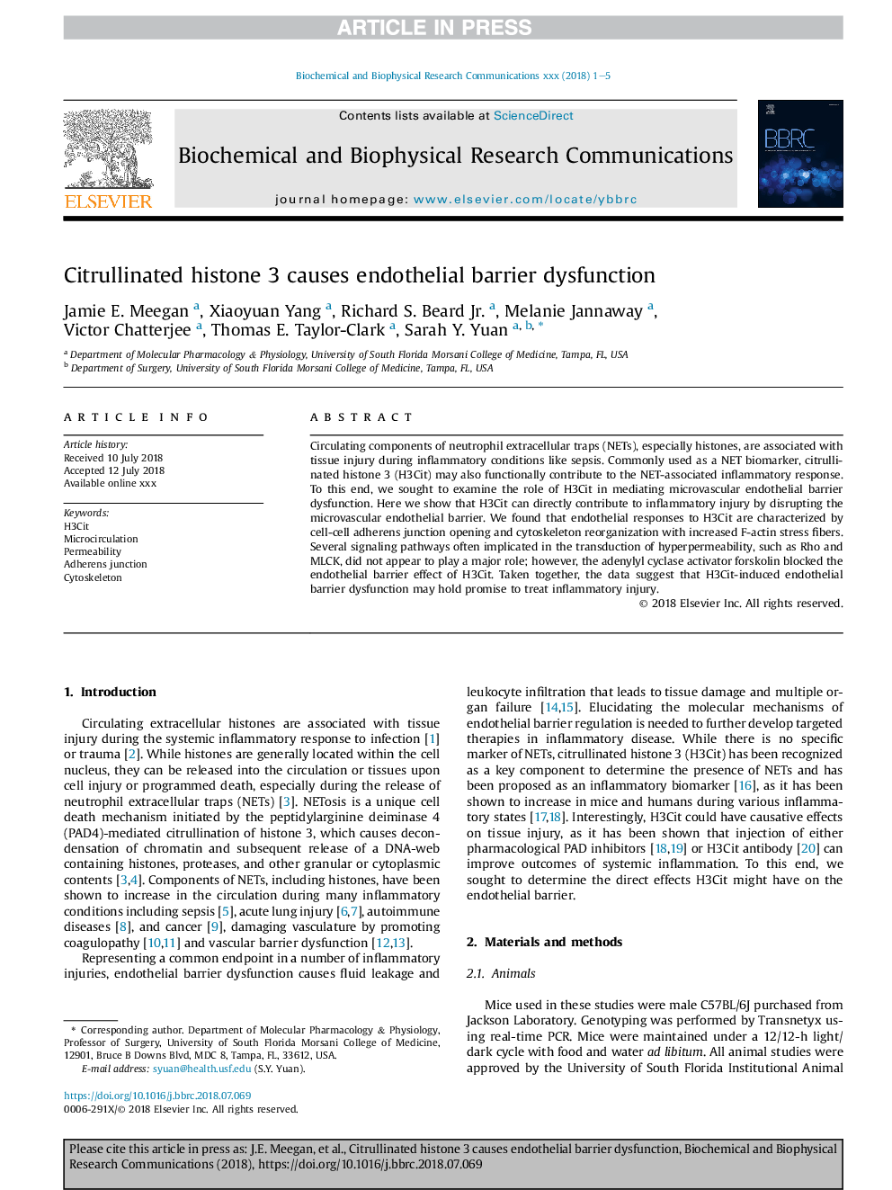 Citrullinated histone 3 causes endothelial barrier dysfunction