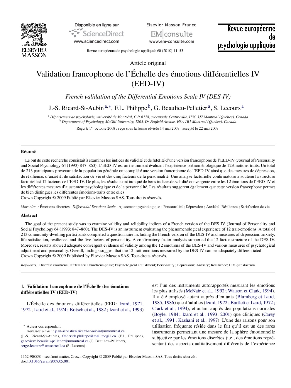 Validation francophone de l’Échelle des émotions différentielles IV (EED-IV)