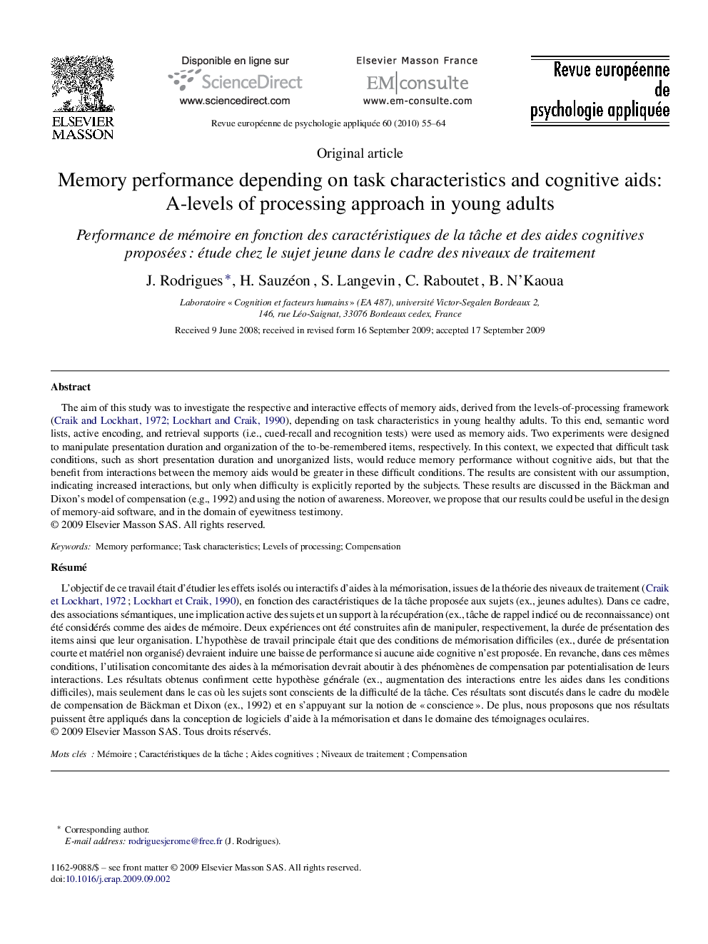 Memory performance depending on task characteristics and cognitive aids: A-levels of processing approach in young adults