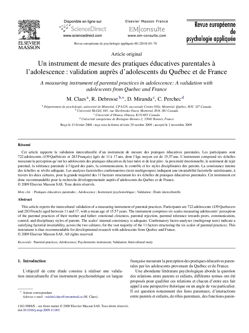 Un instrument de mesure des pratiques éducatives parentales à l’adolescence : validation auprès d’adolescents du Québec et de France