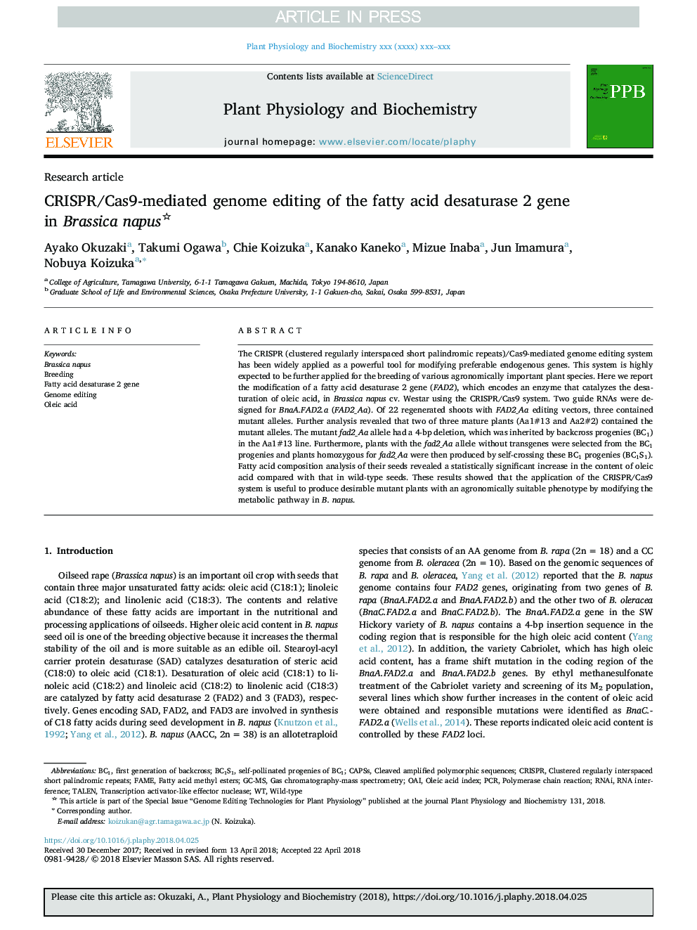 CRISPR/Cas9-mediated genome editing of the fatty acid desaturase 2 gene in Brassica napus