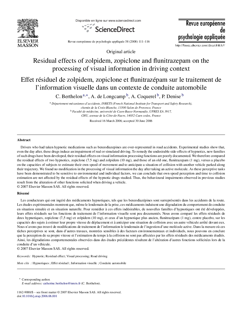 Residual effects of zolpidem, zopiclone and flunitrazepam on the processing of visual information in driving context