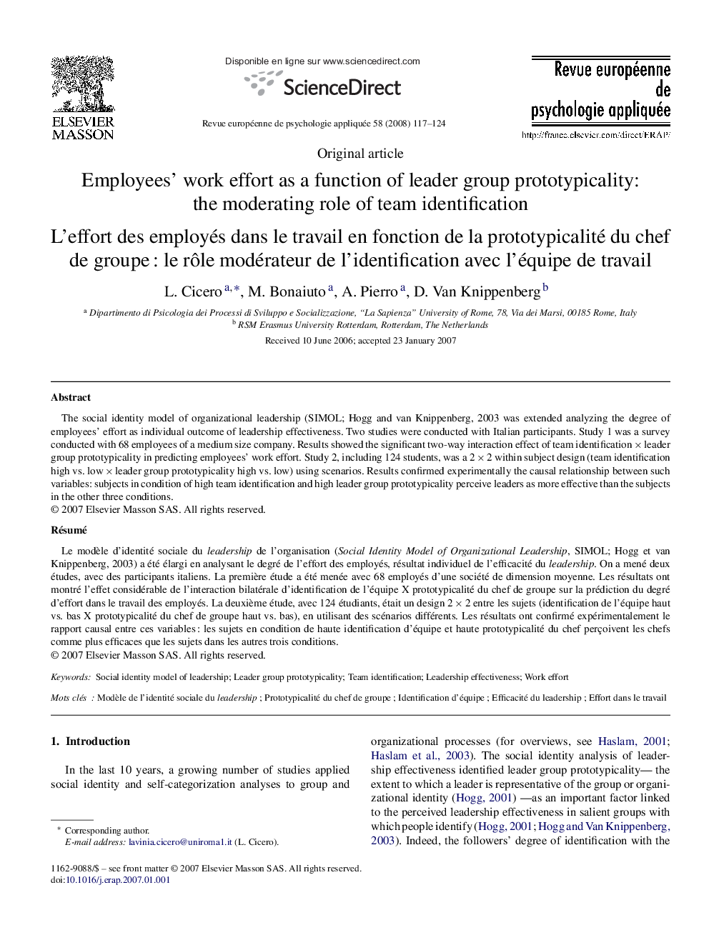 Employees’ work effort as a function of leader group prototypicality: the moderating role of team identification