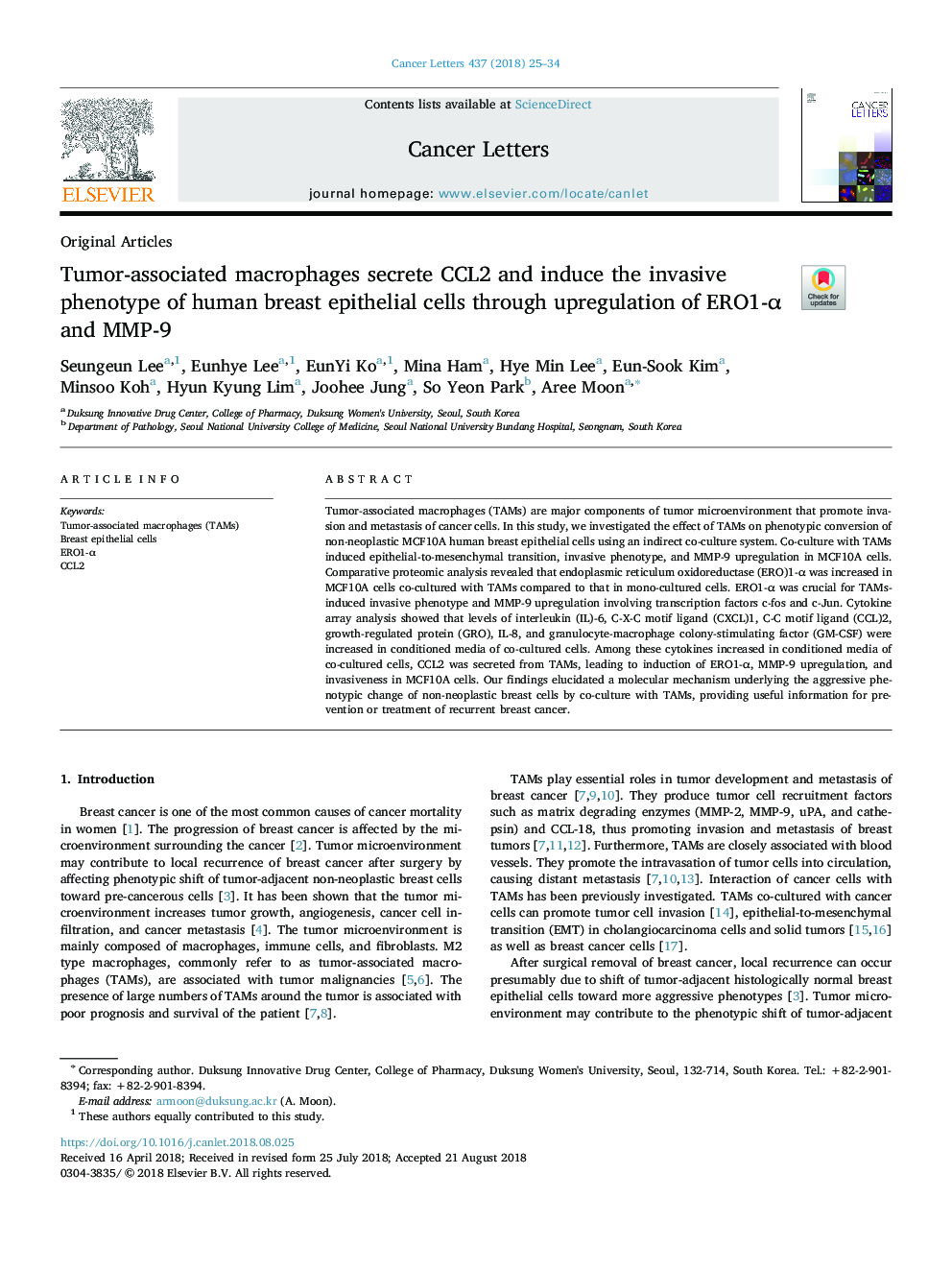 Tumor-associated macrophages secrete CCL2 and induce the invasive phenotype of human breast epithelial cells through upregulation of ERO1-Î± and MMP-9