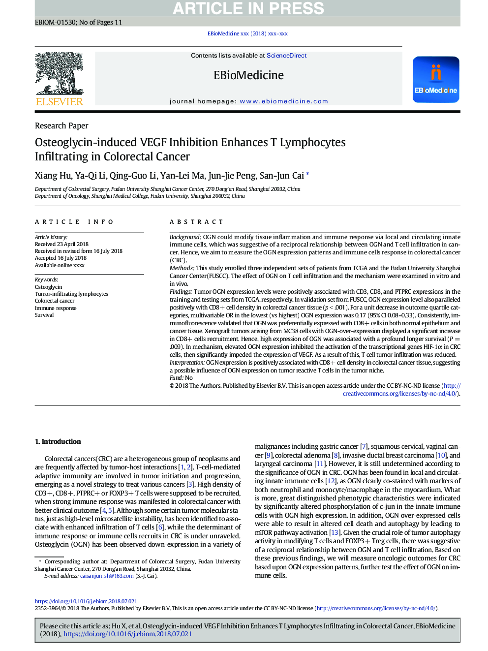 Osteoglycin-induced VEGF Inhibition Enhances T Lymphocytes Infiltrating in Colorectal Cancer