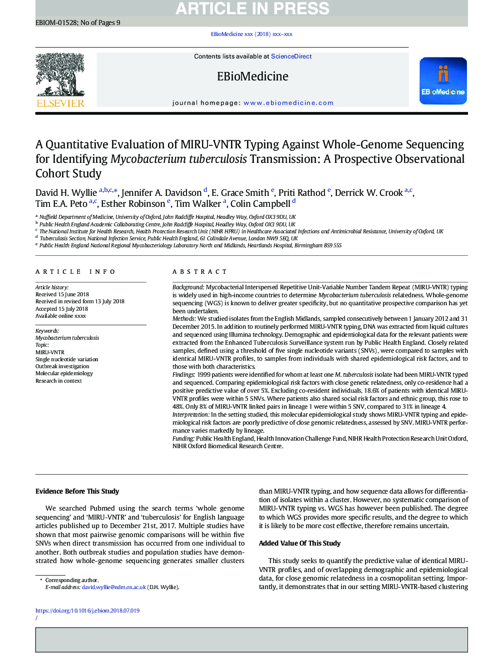 A Quantitative Evaluation of MIRU-VNTR Typing Against Whole-Genome Sequencing for Identifying Mycobacterium tuberculosis Transmission: A Prospective Observational Cohort Study