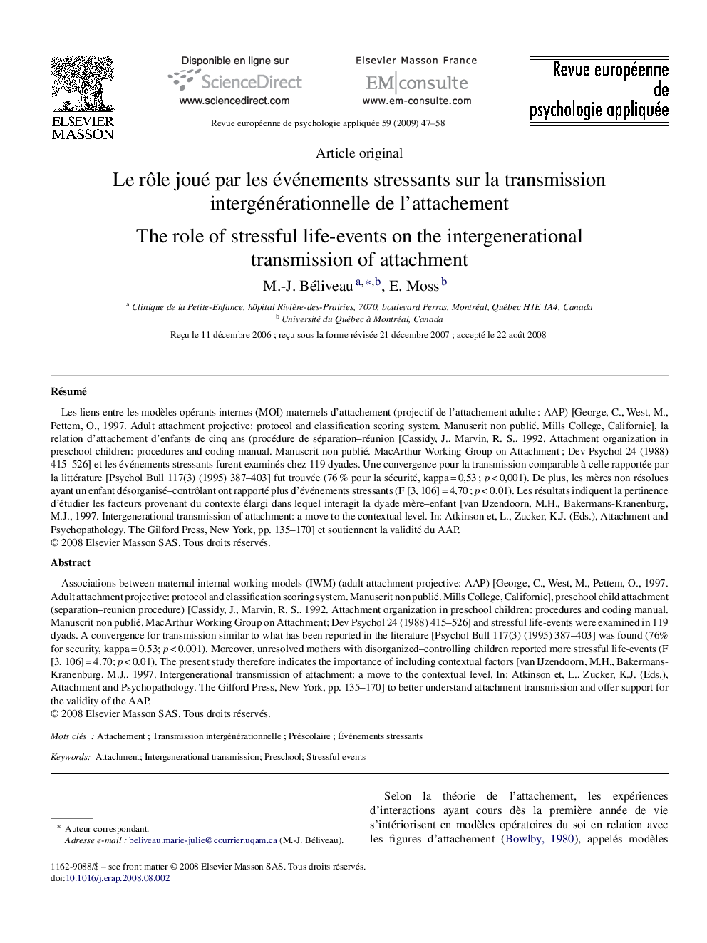 Le rôle joué par les événements stressants sur la transmission intergénérationnelle de l’attachement