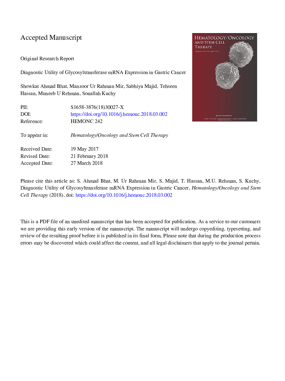 Diagnostic utility of glycosyltransferase mRNA expression in gastric cancer