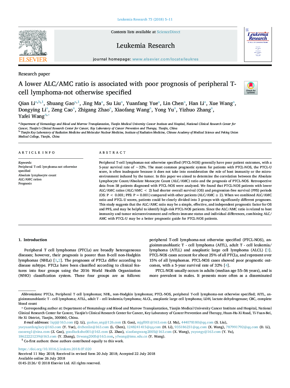 A lower ALC/AMC ratio is associated with poor prognosis of peripheral T-cell lymphoma-not otherwise specified