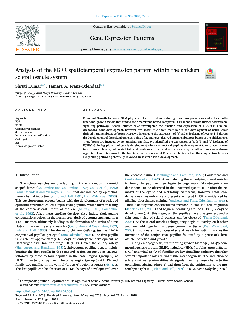 Analysis of the FGFR spatiotemporal expression pattern within the chicken scleral ossicle system