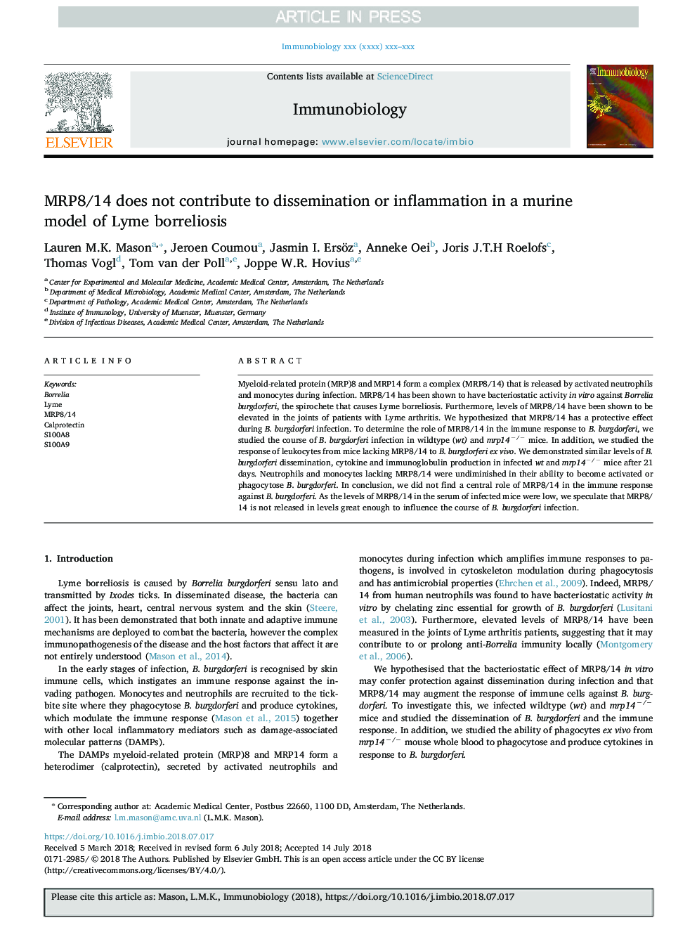 MRP8/14 does not contribute to dissemination or inflammation in a murine model of Lyme borreliosis