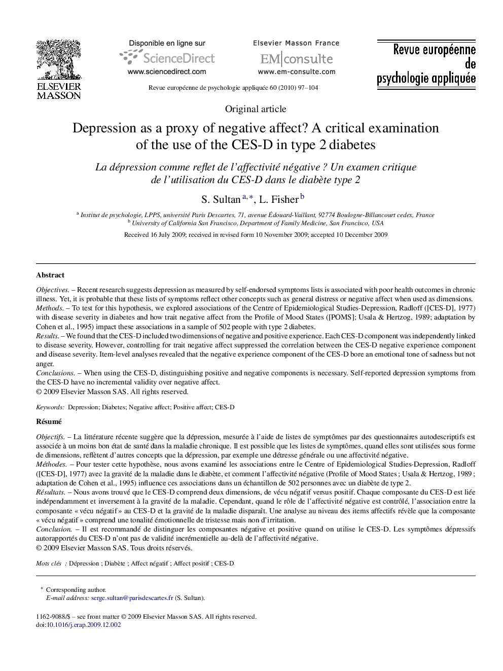 Depression as a proxy of negative affect? A critical examination of the use of the CES-D in type 2 diabetes