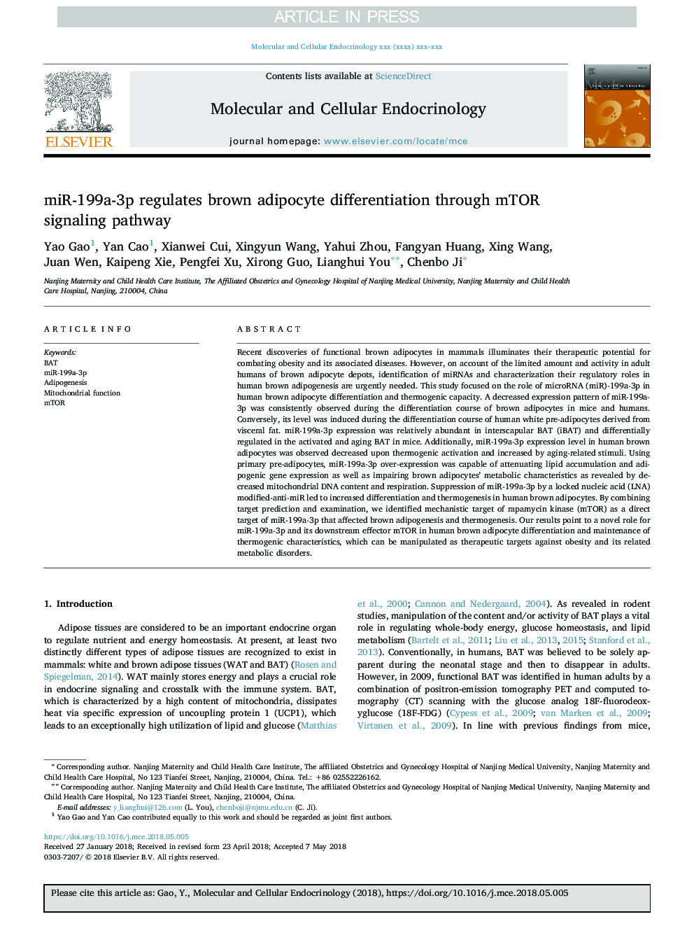 miR-199a-3p regulates brown adipocyte differentiation through mTOR signaling pathway