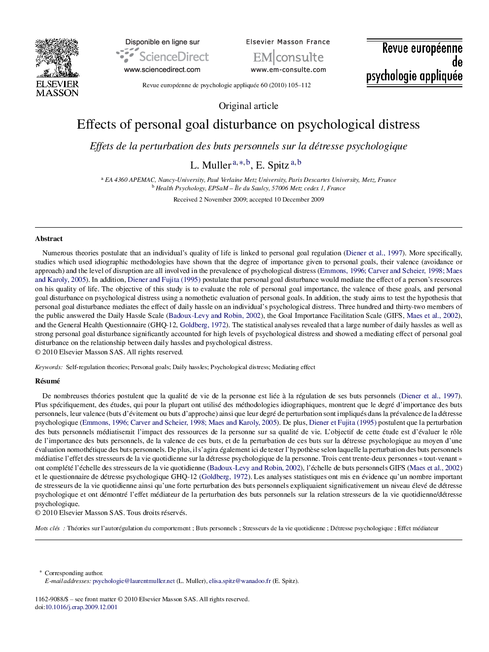 Effects of personal goal disturbance on psychological distress