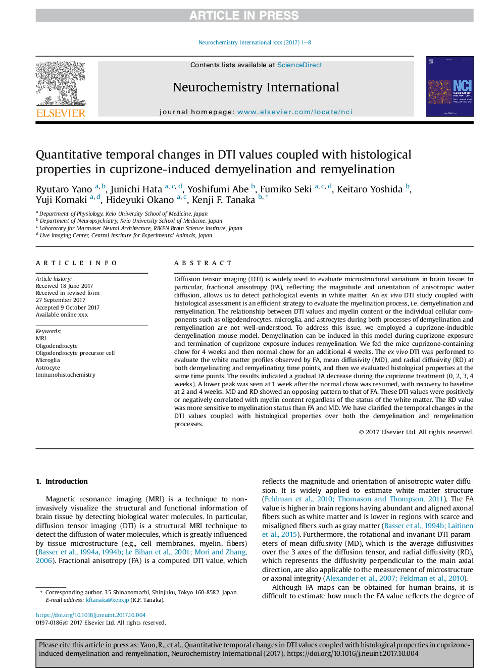 Quantitative temporal changes in DTI values coupled with histological properties in cuprizone-induced demyelination and remyelination