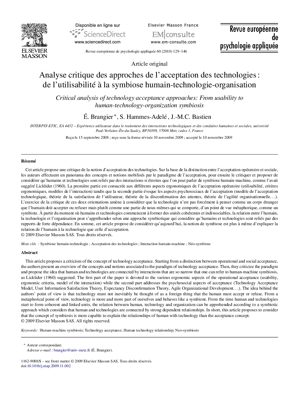 Analyse critique des approches de l’acceptation des technologies : de l’utilisabilité à la symbiose humain-technologie-organisation