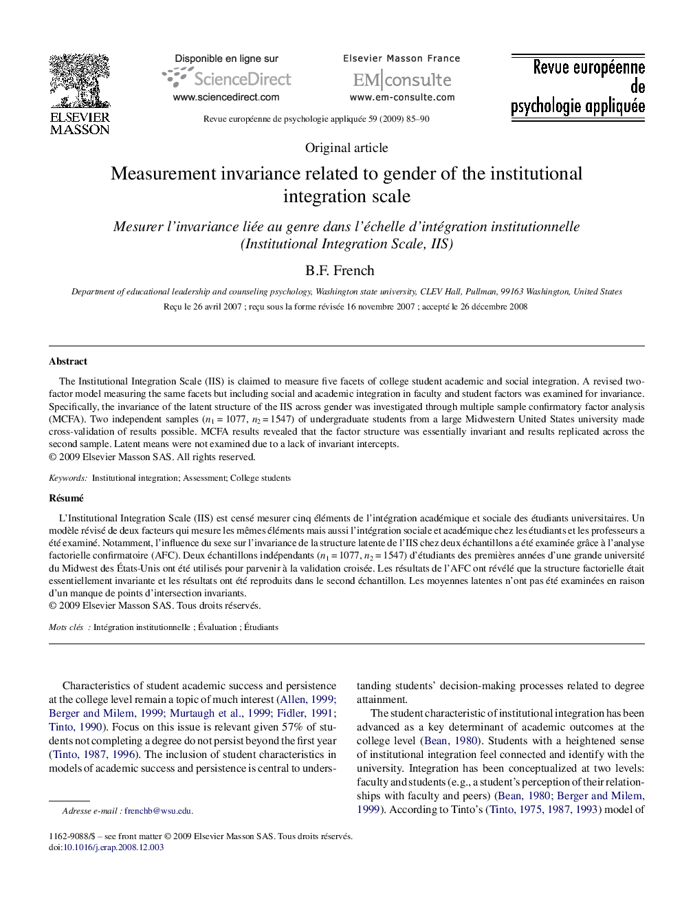 Measurement invariance related to gender of the institutional integration scale