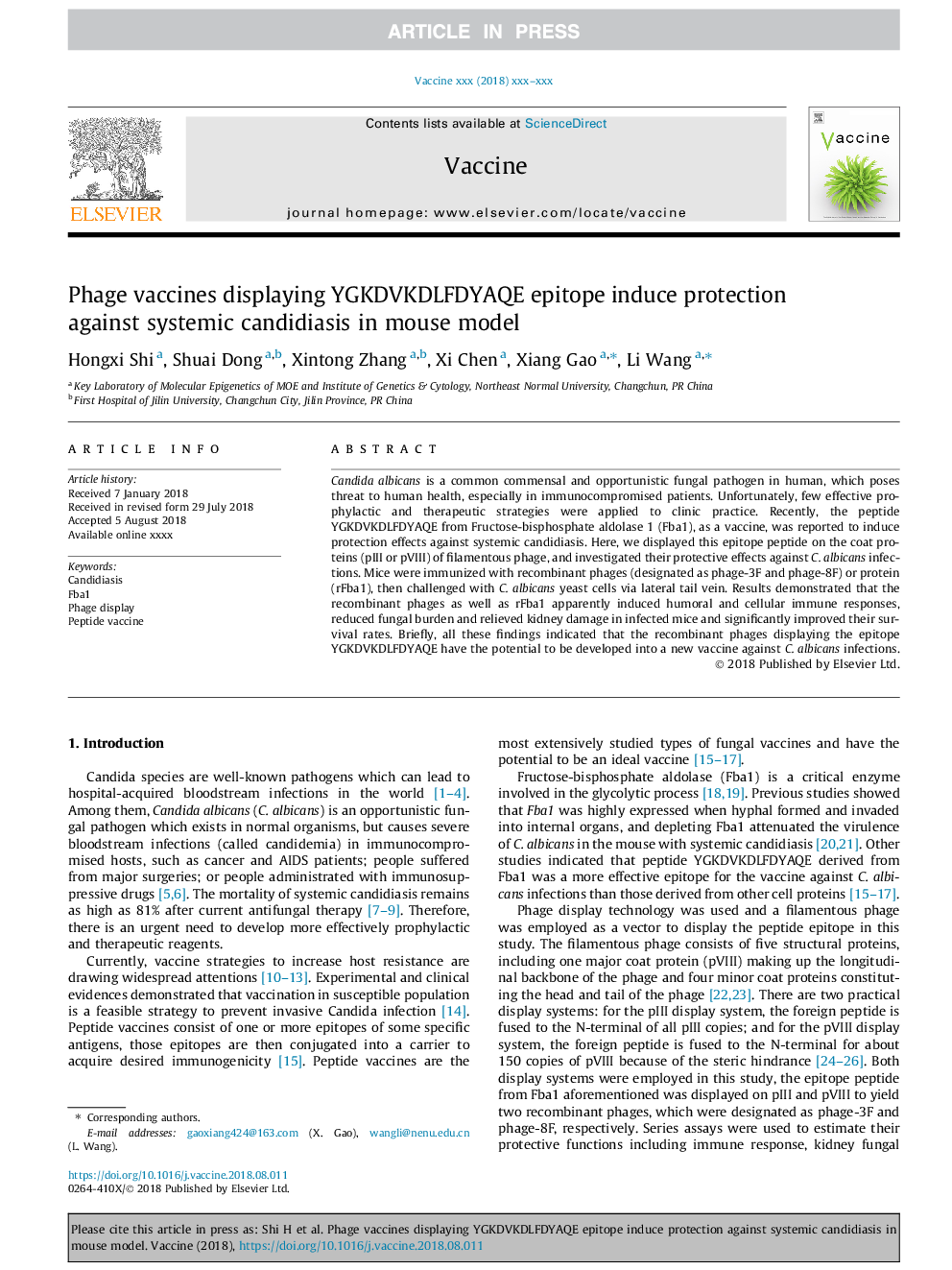 عکس صفحه اول مقاله: Phage vaccines displaying YGKDVKDLFDYAQE epitope induce protection against systemic candidiasis in mouse model Phage vaccines displaying YGKDVKDLFDYAQE epitope induce protection against systemic candidiasis in mouse model