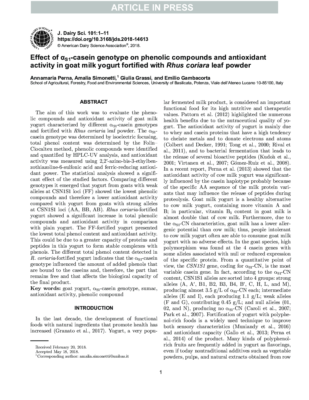 عکس صفحه اول مقاله: Effect of αS1-casein genotype on phenolic compounds and antioxidant activity in goat milk yogurt fortified with Rhus coriaria leaf powder Effect of αS1-casein genotype on phenolic compounds and antioxidant activity in goat milk yogurt fortified with Rhus coriaria leaf powder