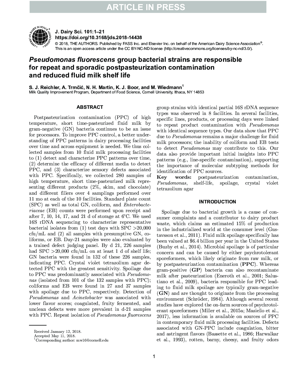 Pseudomonas fluorescens group bacterial strains are responsible for repeat and sporadic postpasteurization contamination and reduced fluid milk shelf life