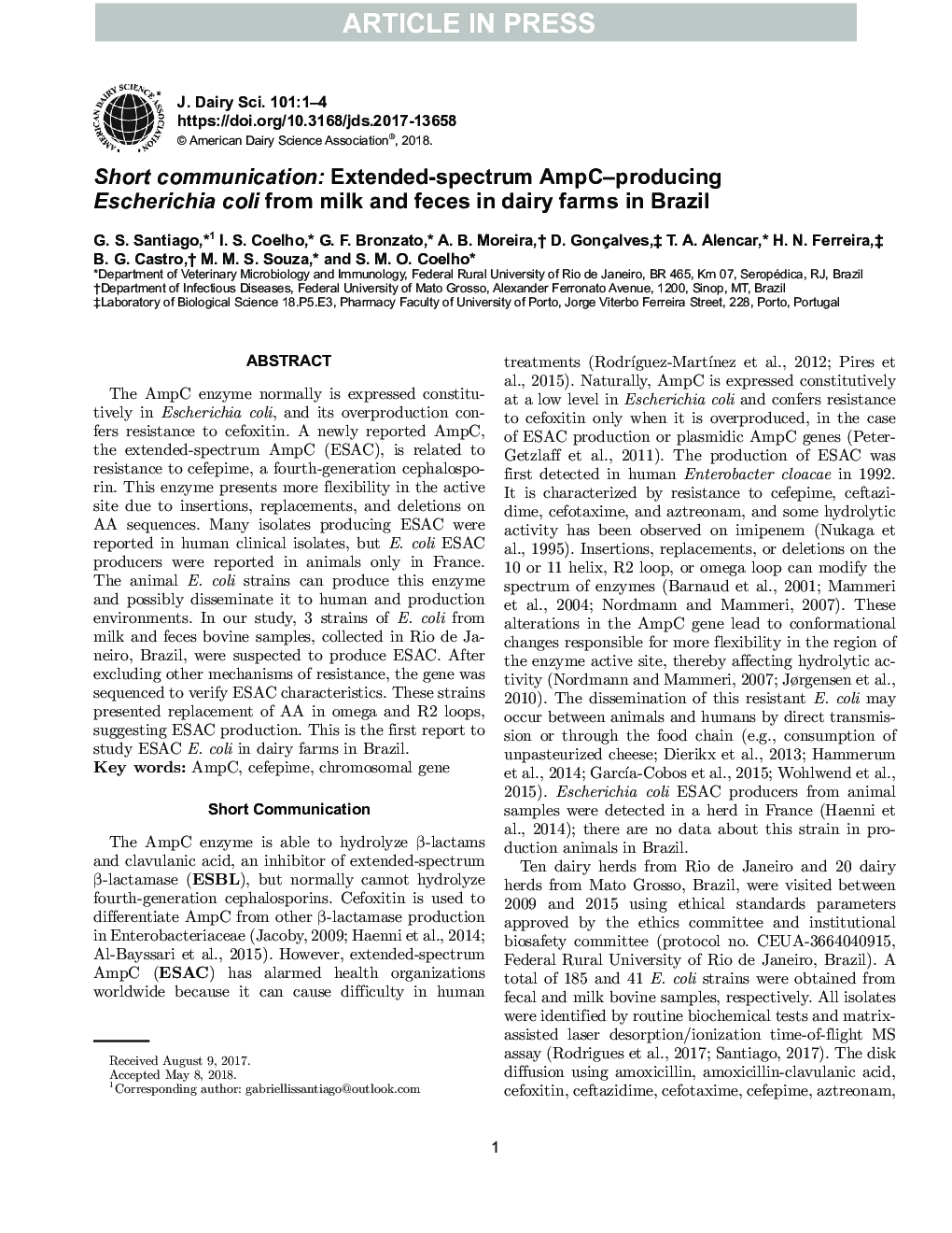 Short communication: Extended-spectrum AmpC-producing Escherichia coli from milk and feces in dairy farms in Brazil