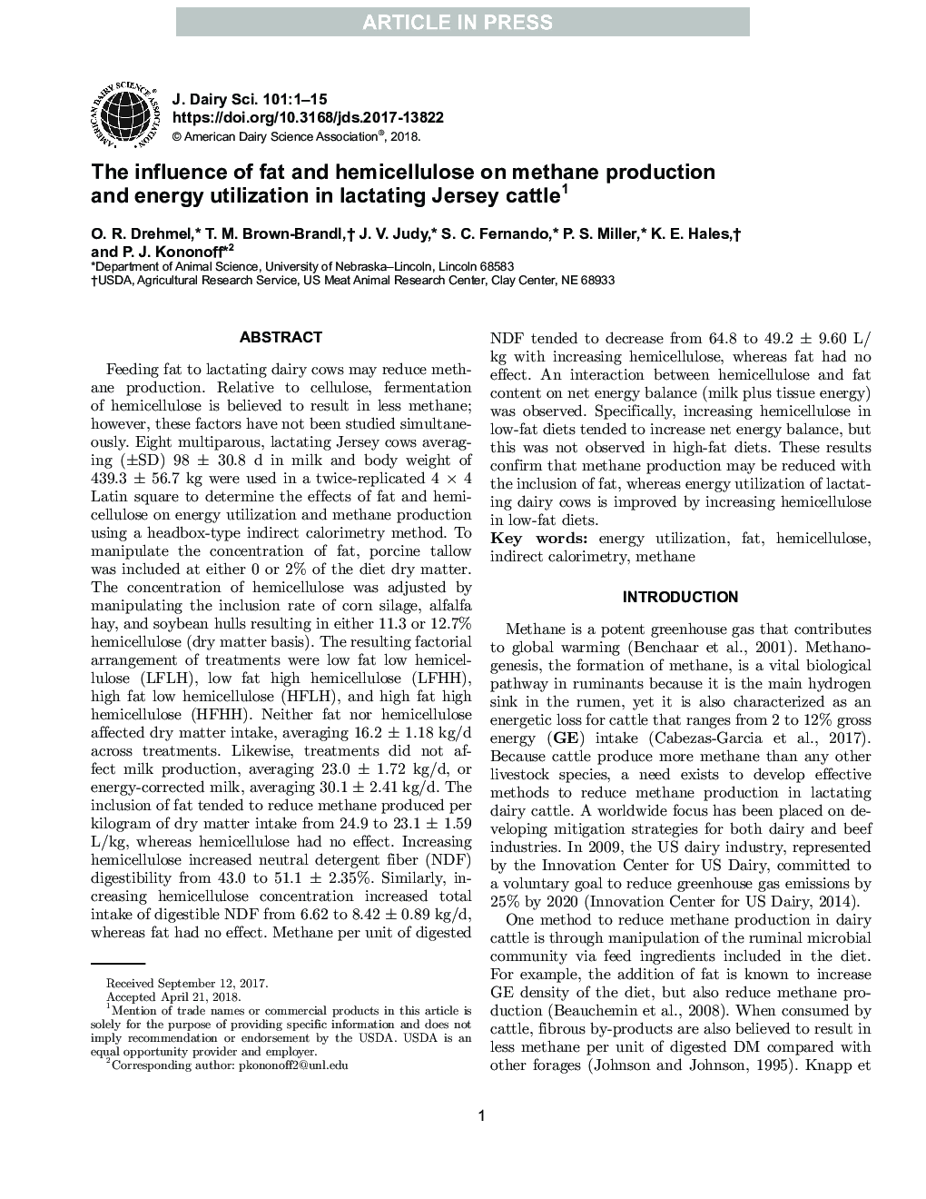 The influence of fat and hemicellulose on methane production and energy utilization in lactating Jersey cattle