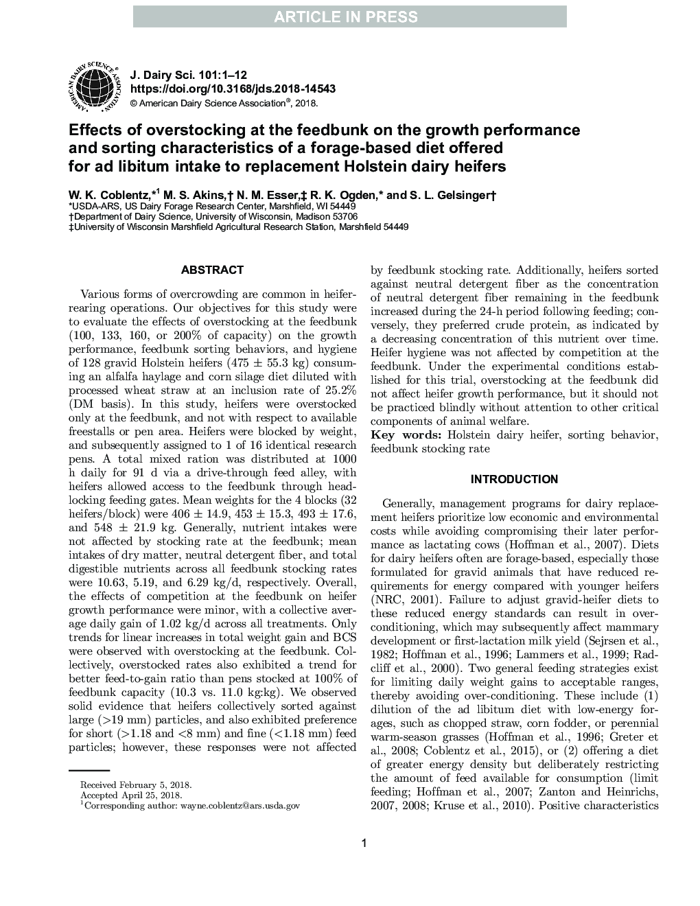 Effects of overstocking at the feedbunk on the growth performance and sorting characteristics of a forage-based diet offered for ad libitum intake to replacement Holstein dairy heifers