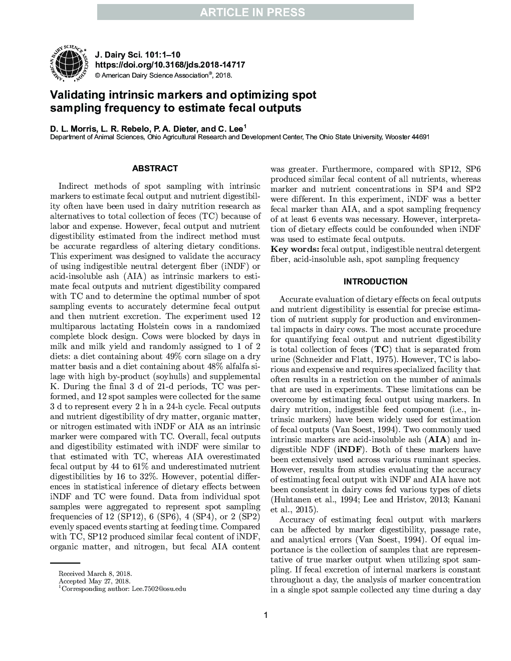 Validating intrinsic markers and optimizing spot sampling frequency to estimate fecal outputs