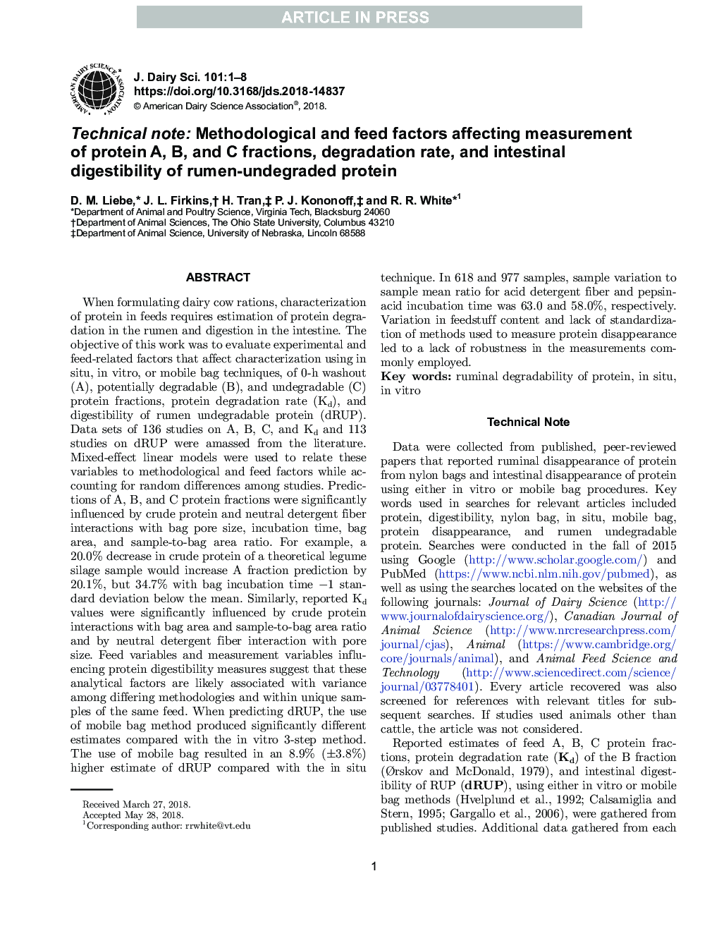 Technical note: Methodological and feed factors affecting measurement of protein A, B, and C fractions, degradation rate, and intestinal digestibility of rumen-undegraded protein