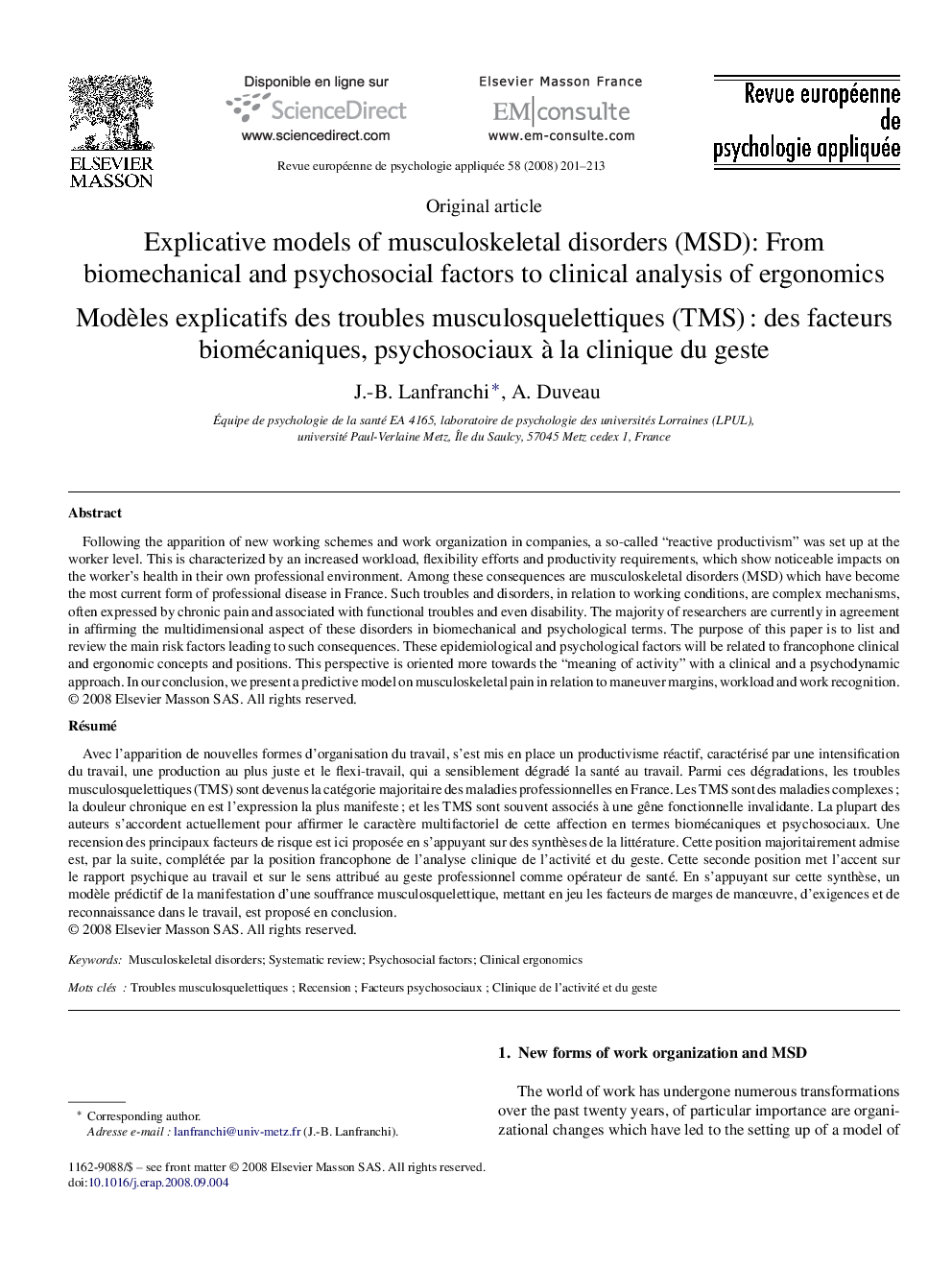 Explicative models of musculoskeletal disorders (MSD): From biomechanical and psychosocial factors to clinical analysis of ergonomics