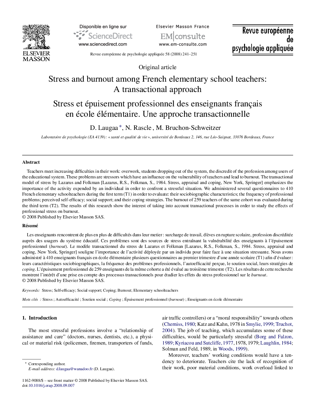 Stress and burnout among French elementary school teachers: A transactional approach